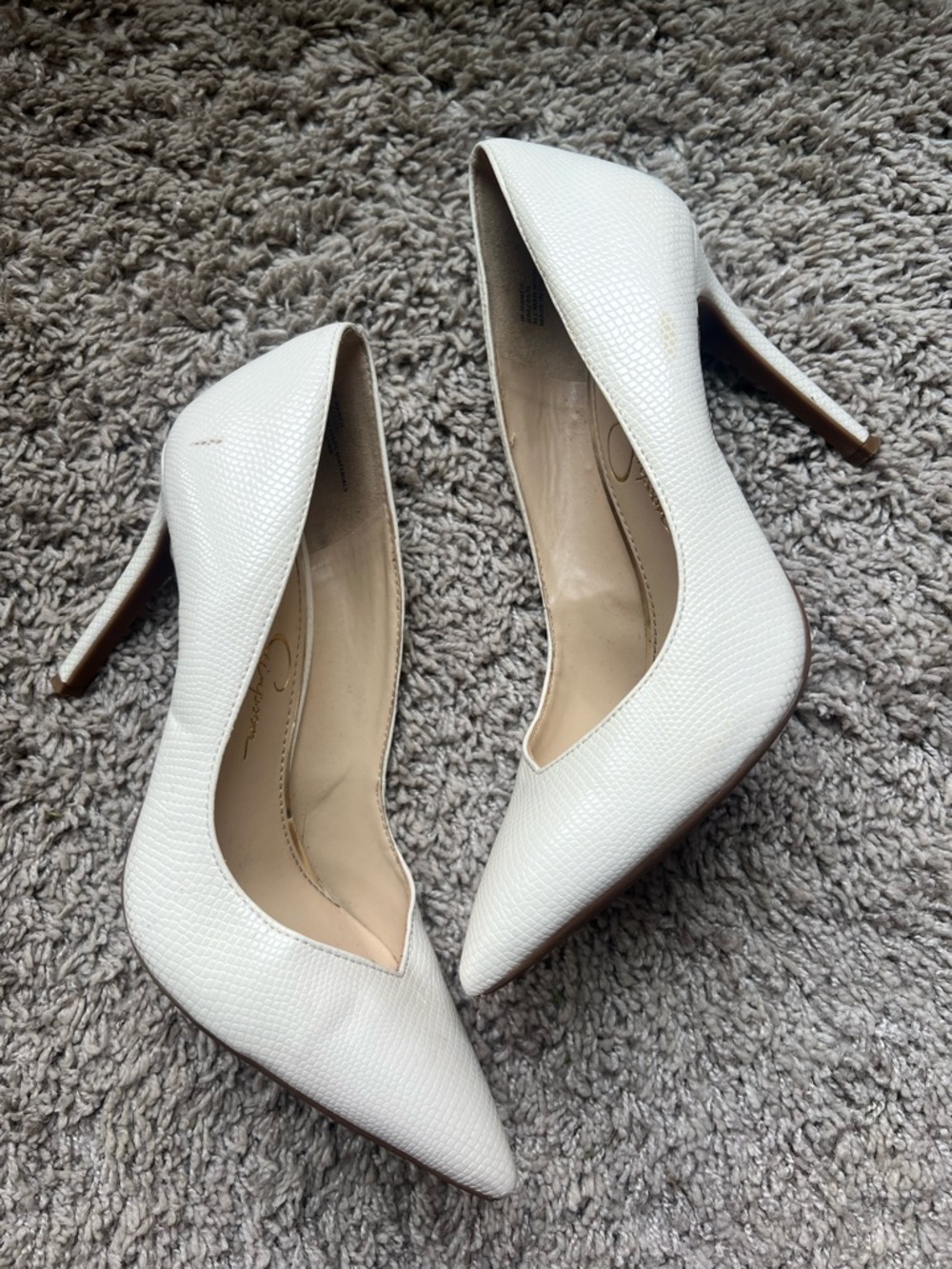 Jessica Simpson White Textured Pointed Toe High Heels - Picture 6 of 11